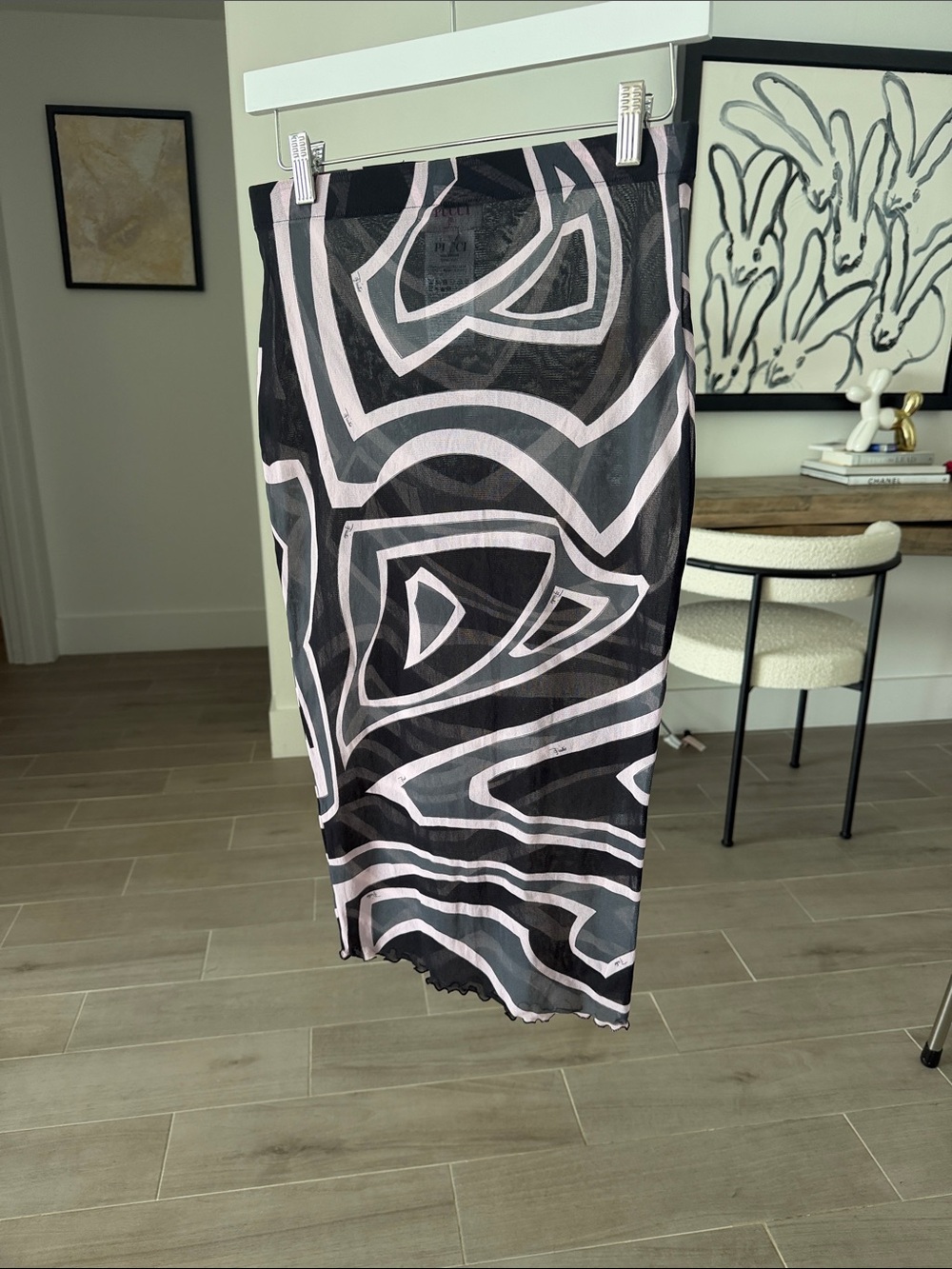Pucci Abstract Wave Print Black and Light Pink Midi Skirt